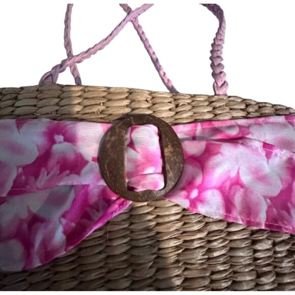 Woven Straw Handbag With Pink Floral Fabric & Braided Handles - Picture 4 of 9